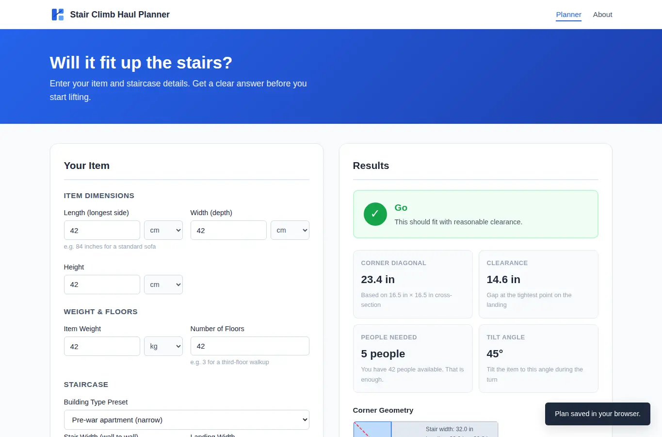 Screenshot of Stair Climb Haul Planner interface showing the project page in use